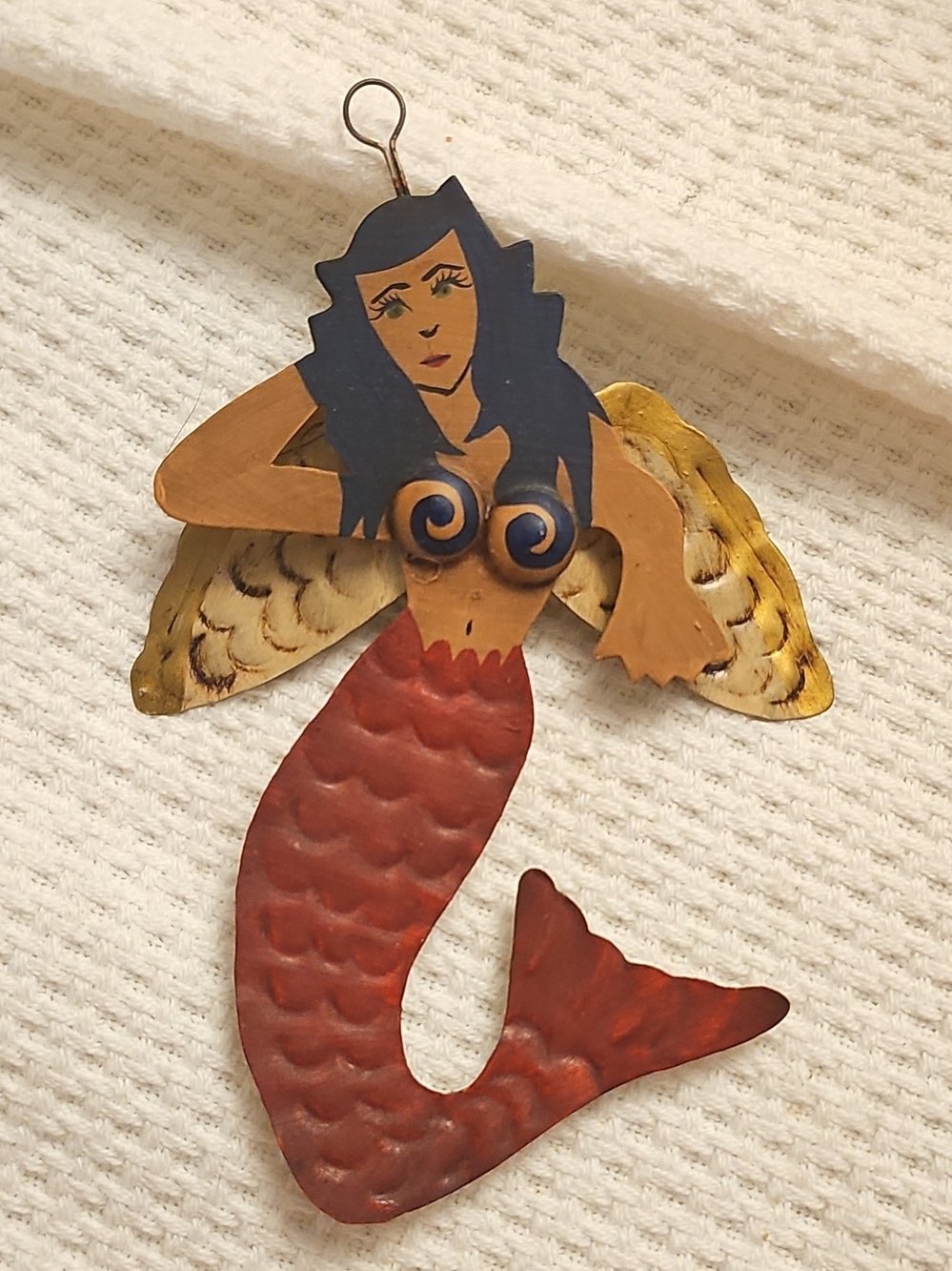 Handpainted Mermaid Wall Hanging in Navy, Red & Gold